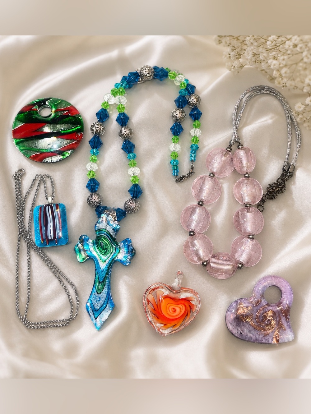 Handmade Art Glass Jewelry Lot 3 Necklaces 3 Pendants Vibrant Statement Pieces